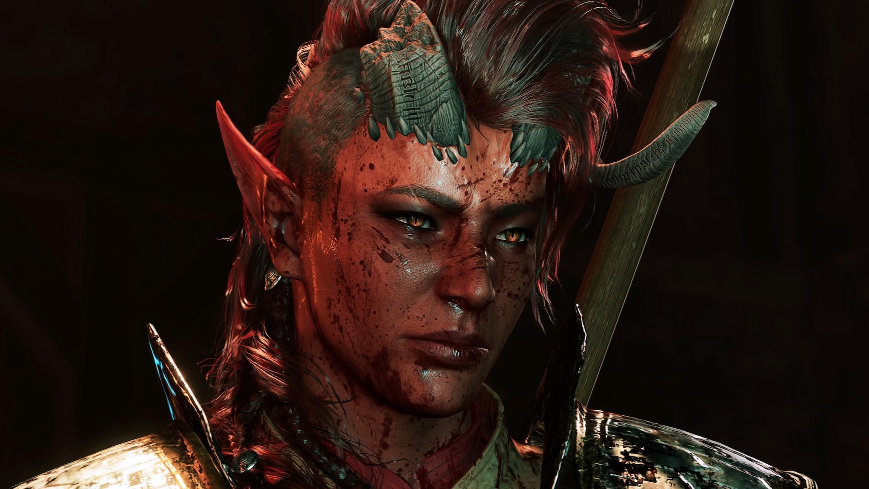Baldur's Gate 3 in-game screenshot: Karlach close-up