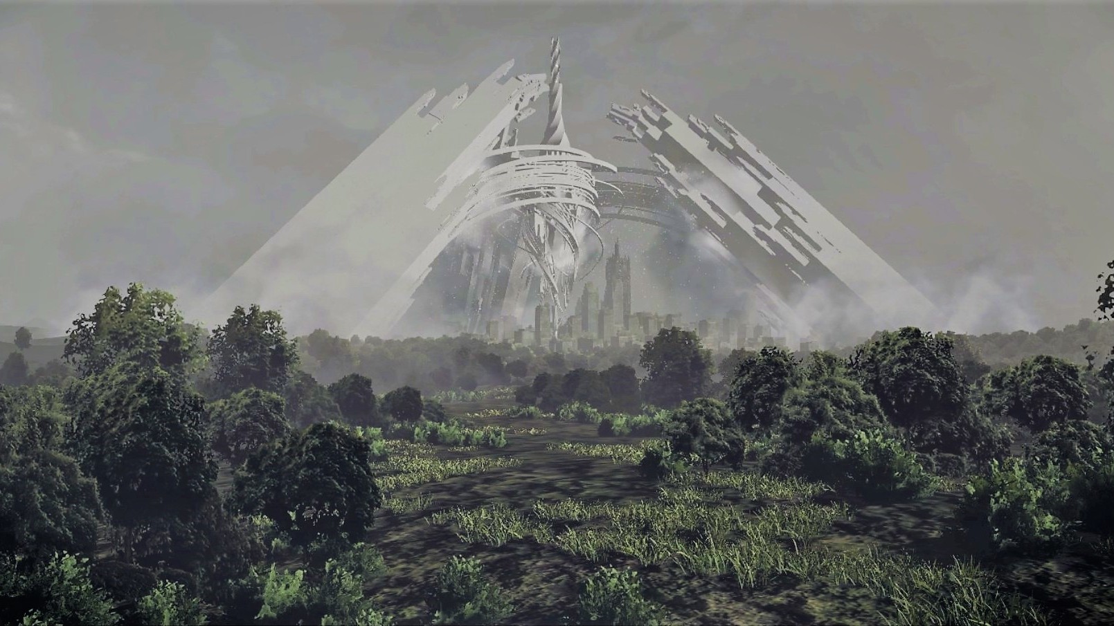 Nier Automata in-game screenshot: White futuristic tower in distance