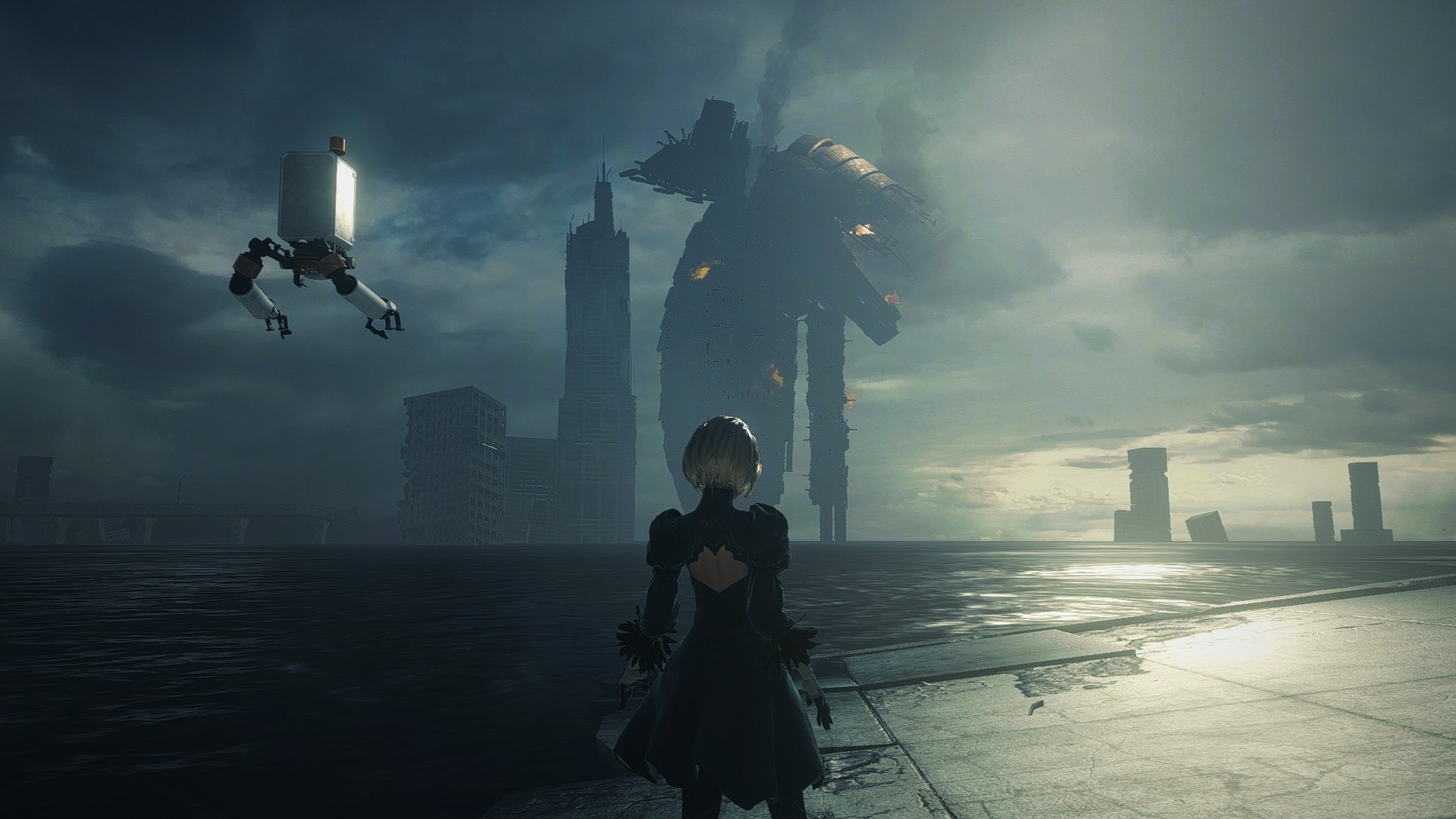 Nier Automata in-game screenshot: 2B looking at giant robot in distance