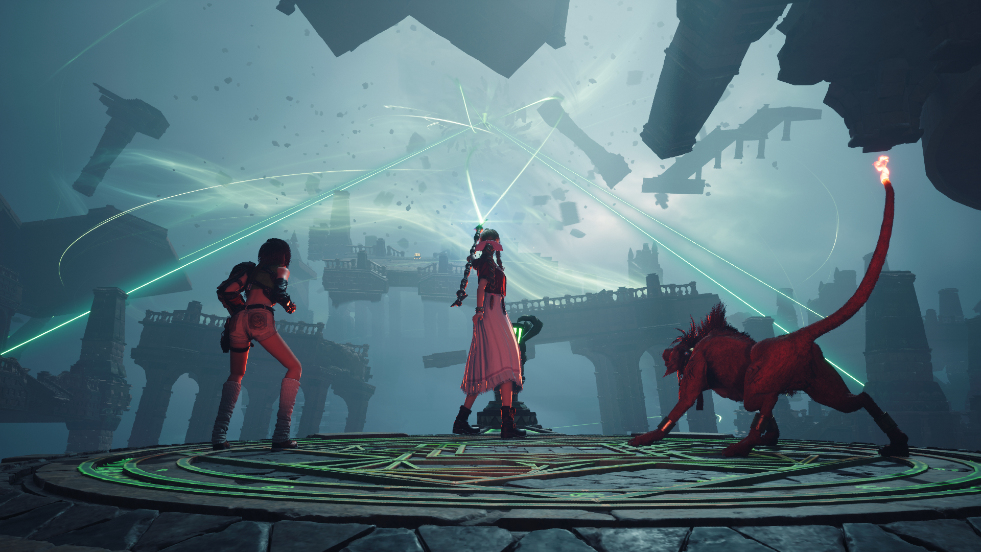 Final Fantasy 7 Rebirth in-game screenshot: Yuffie, Aerith, and Nanaki in front of floating ruins