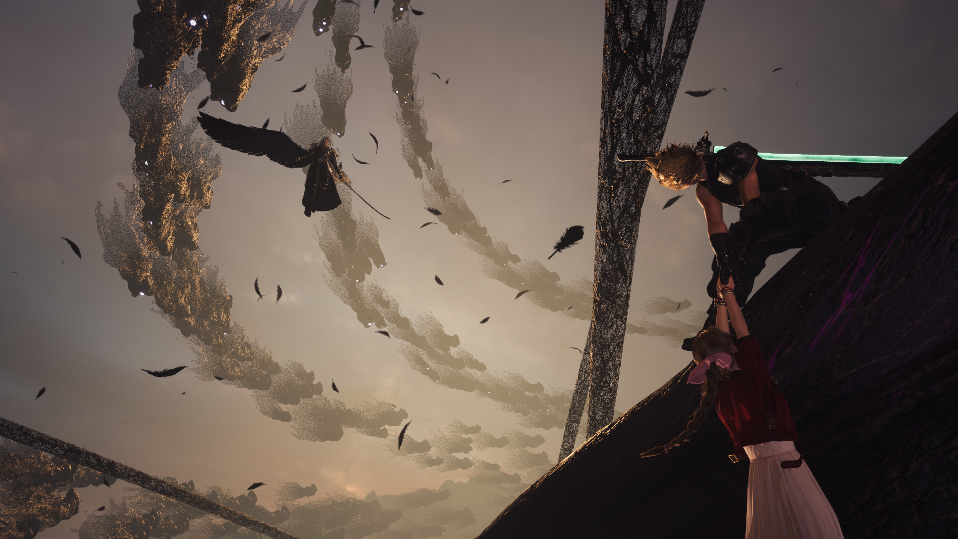 Final Fantasy 7 Rebirth in-game screenshot: Sephiroth hovers over Cloud saving Aerith